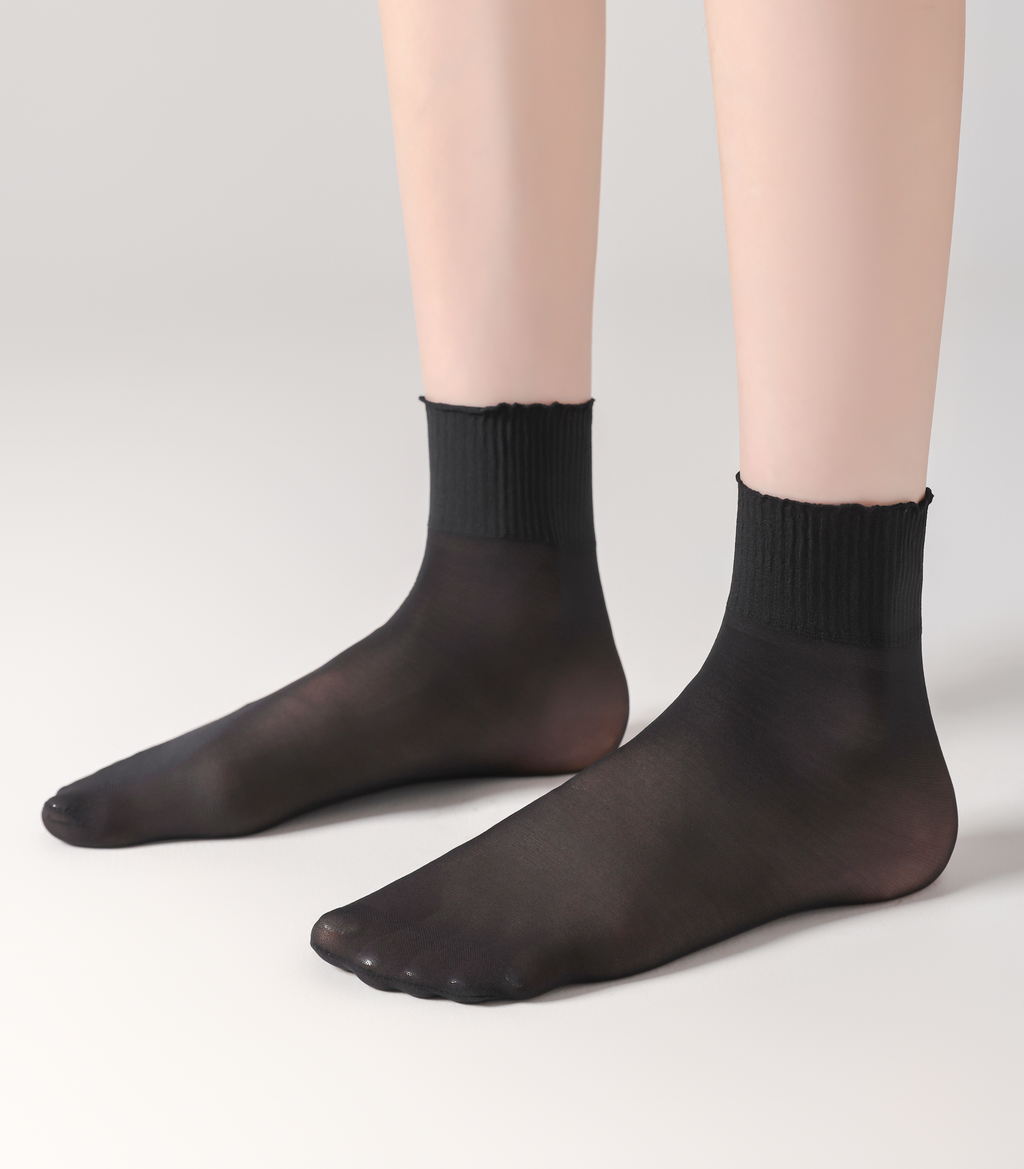 FITU Womens 30D Lettuce Trim Sheer Ankle Nylon Socks, Ankle High Tights Hosiery (One Size, 12 Pairs Black)