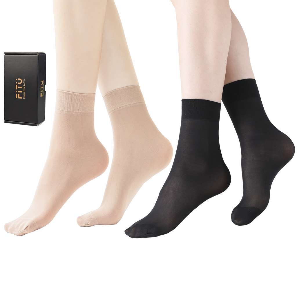 FITU Socks, Nylon Sheer Ankle High Tights Hosiery for Women, 10 Pairs (One Size, 5 Beige 5 Black-50d Thickness)